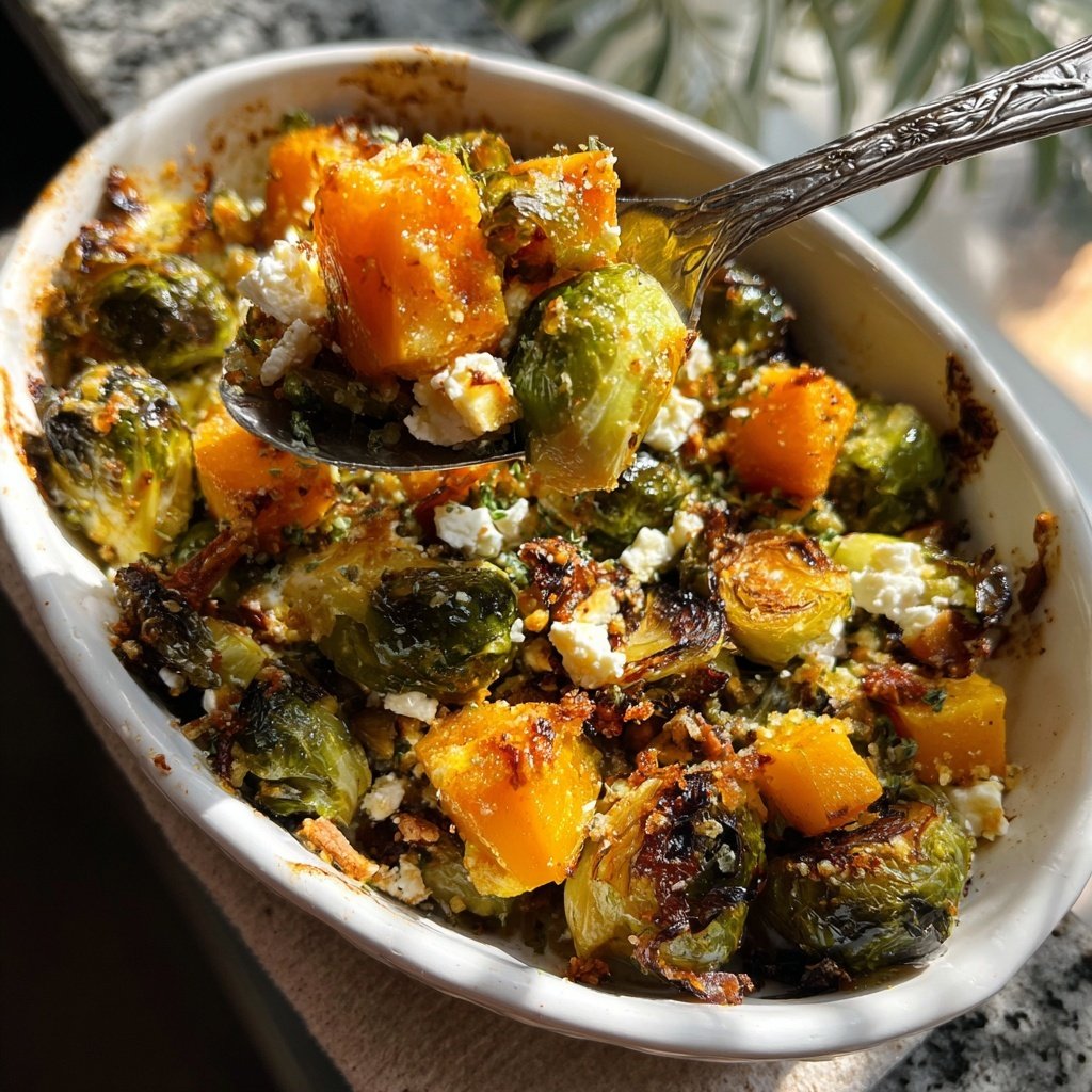 Winterlicher Blech-Rosenkohl mit Kürbis und Feta​