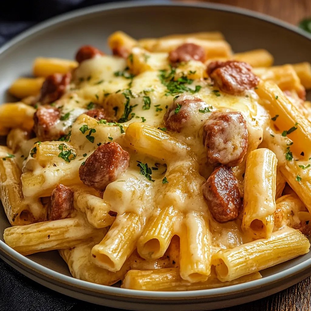 Wurst-Nudel-Pfanne mit Käse