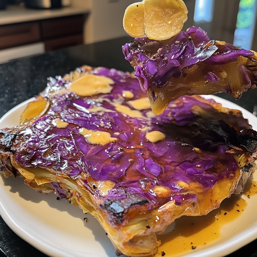 Rotkohl-Steaks mit Misobutter und Knoblauchchips